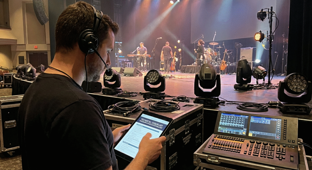 menyiapkan pencahayaan panggung